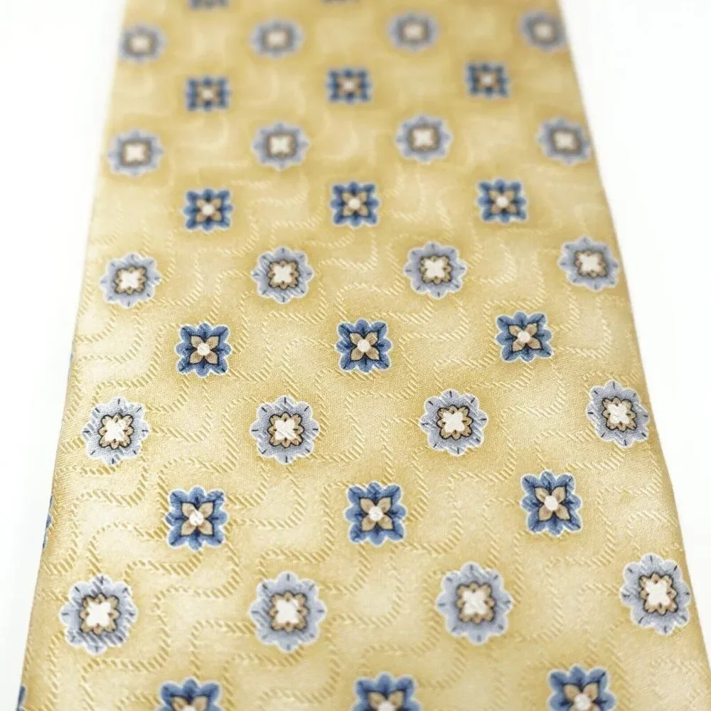 Jos A Bank Yellow Geometric Floral‎ Silk Wide Woven Tie Hand Sewn